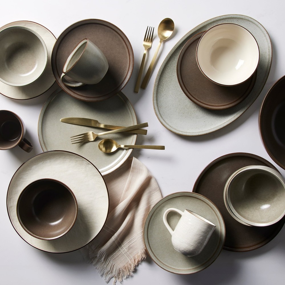 Brown 12-Piece Durable Stoneware Dinnerware Set Dinner Plates Salad Plates