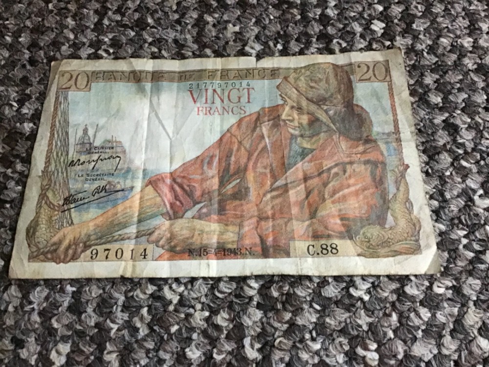 FRENCE 20 FRANCS BANK NOTE 1943