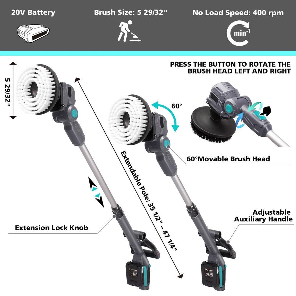 20V Cordless Spin Scrubber with Replaceable Battery, Electric Cleaning Brush ...
