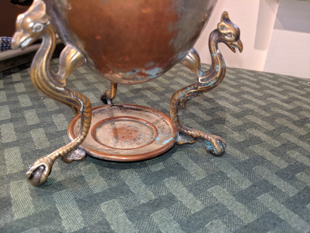 Antique Decorative Egg Table Centerpiece Silver Plate & Copper Rooster Griffin