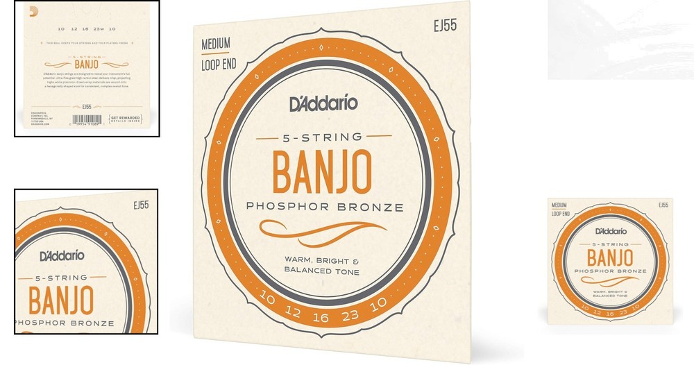 EJ55 Phosphor Bronze Banjo Strings - Medium 9-30, 5 String Set for Warm Tone