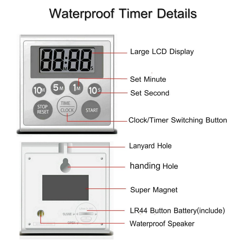Digital Timer Waterproof Shower Timer Shower Clock Bathroom Kitchen Timer wit...