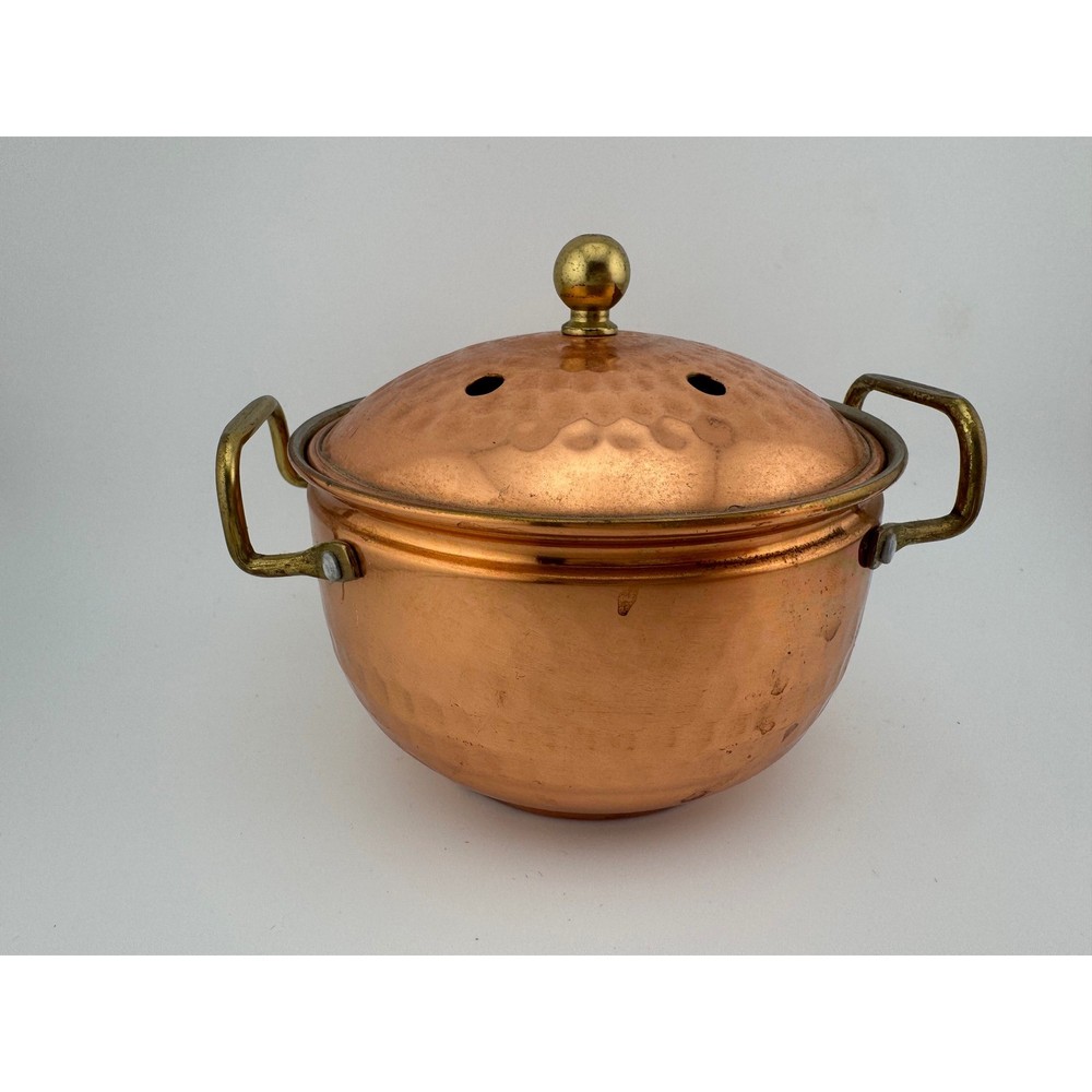 Vintage Hammered Copper Vented Lid Brass Handles Rustic Kitchen