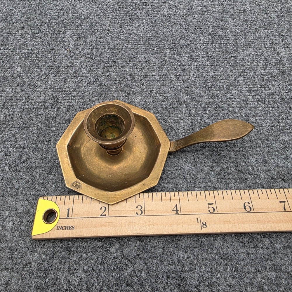 Vintage Heavy Solid Brass Chamberstick Candle Holder Octagonal Base Finger Loop