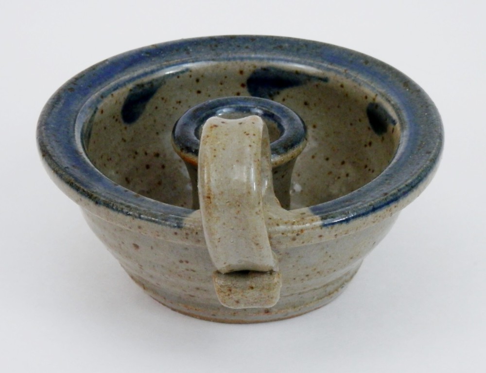 Handmade Pottery Finger Loop Candleholder Blue & Gray Speckled Pattern Marked