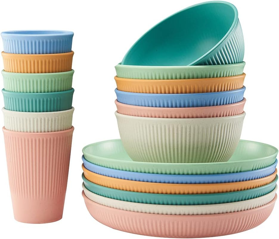 18Pcs Wheat Straw Dinnerware Sets,  Unbreakable Reusable Dinnerware Set Kitchen
