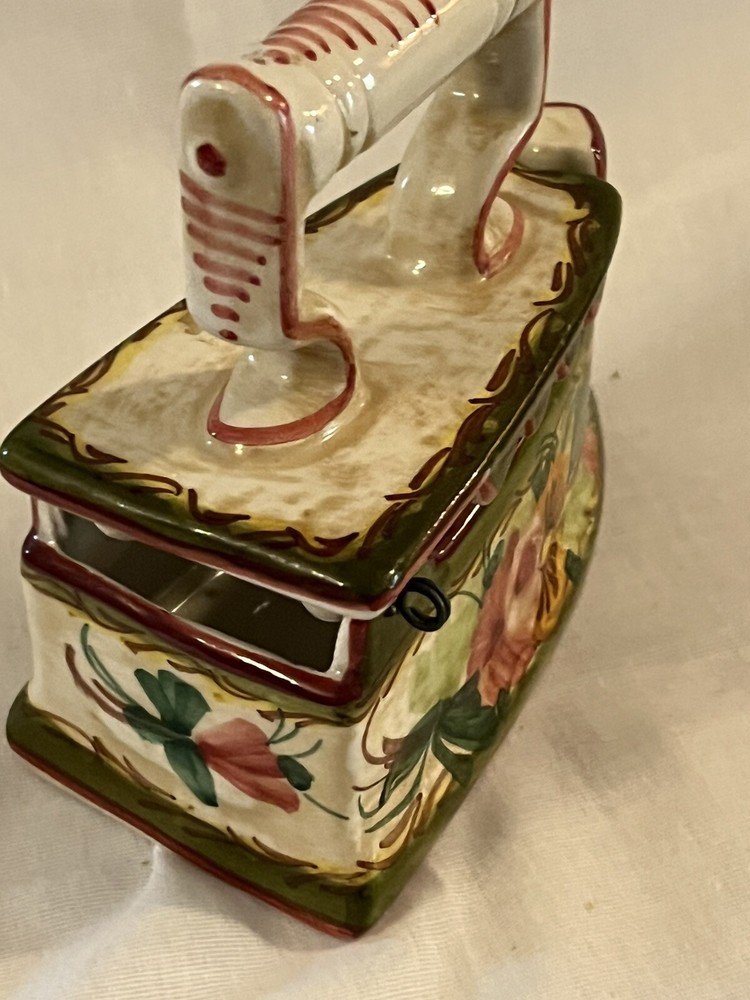 Ceramic Sad Iron Hand Painted Sewing Thread Box Very Good Condition!
