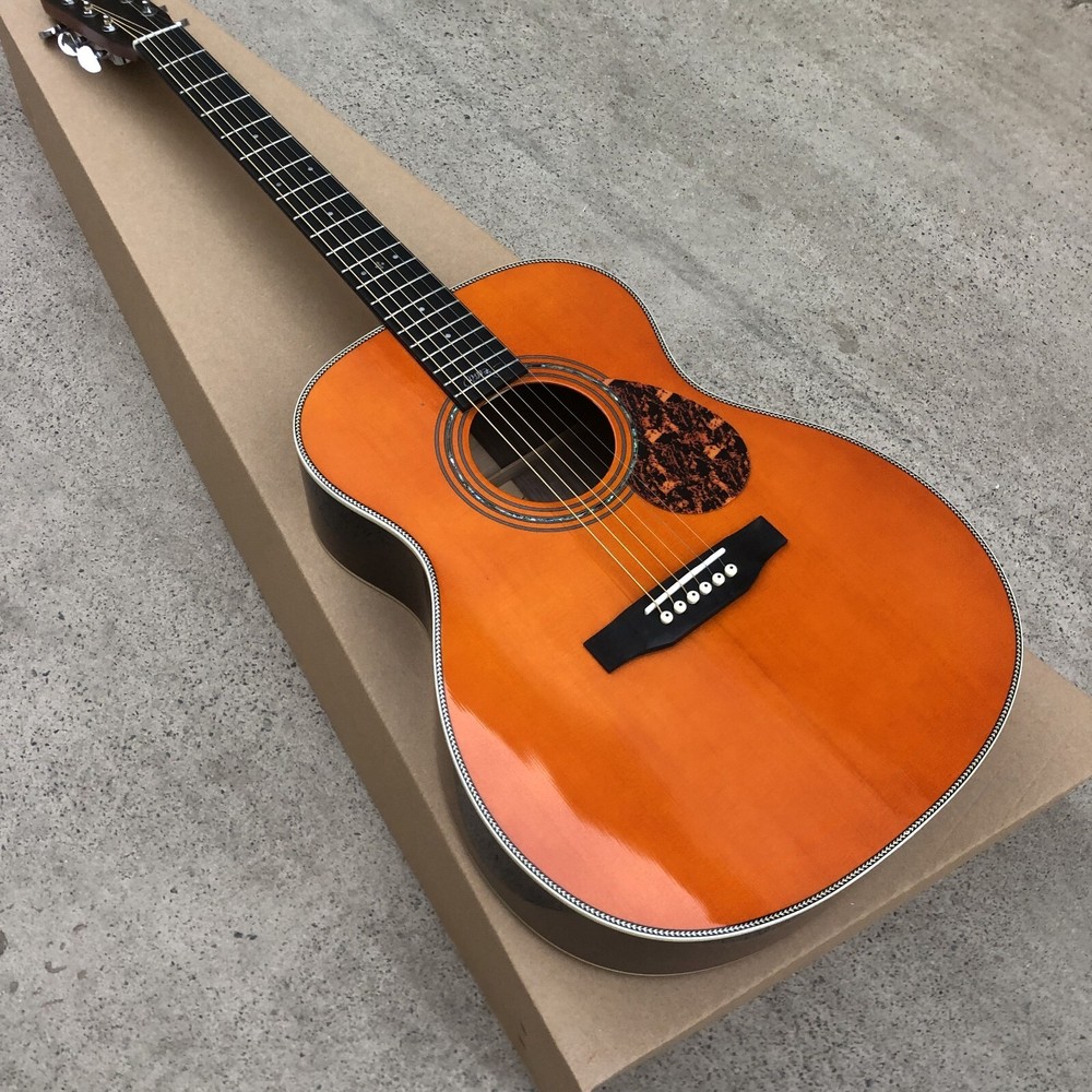 40 Inch Solid Spruce OM Type Acoustic Guitar Fishbone Binding Ebony Fingerboard