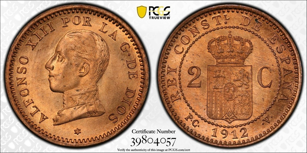 SPAIN , 2 CENTIMOS 1912-PC V  - PCGS MS 65 RD , RAREO