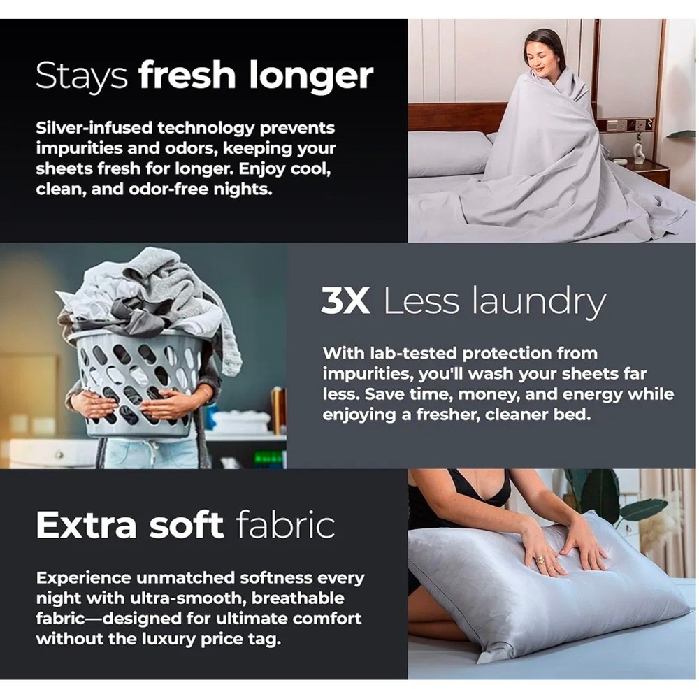 Silvery Bed Sheets Queen Size Silver Infused Microfiber Soft Hypoallergenic