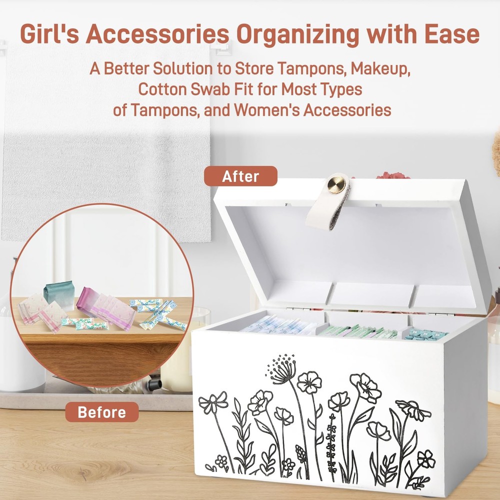 100% Solid Wood Tampon Holder Box with Lid, Copper Leather Pull, Absolute Rea...