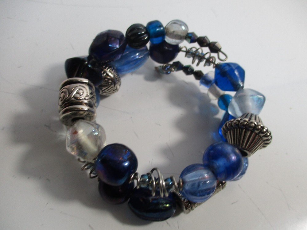 Vintage Wrap Spriral Bracelet Mixed Beads 2 Rows Blues & Silvertone - Boho