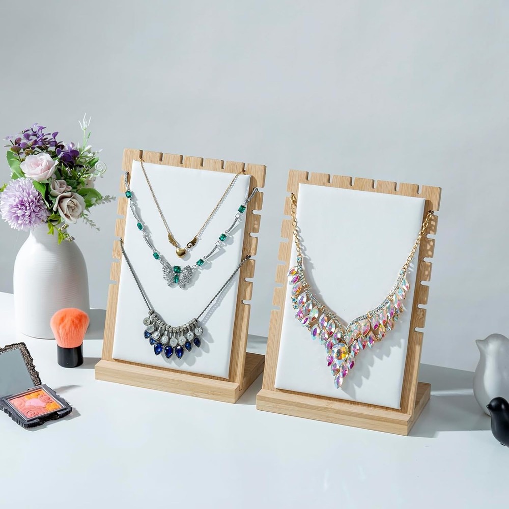 display stand 2-Pack Bamboo Jewelry Display Stands with PU Panel & Multi-Rung