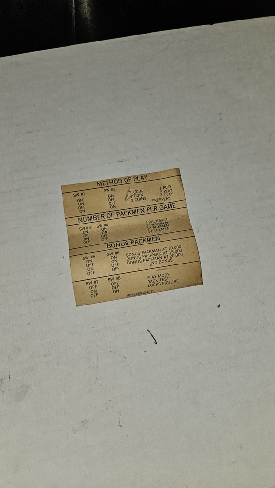 Pac Man original settings instruction card