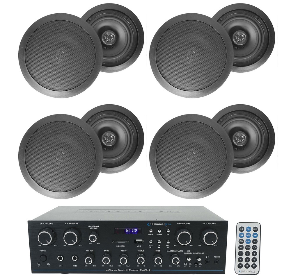 Technical Pro RX400X4 Bluetooth Home Receiver Amp+8) 6.5" Black Ceiling Speakers