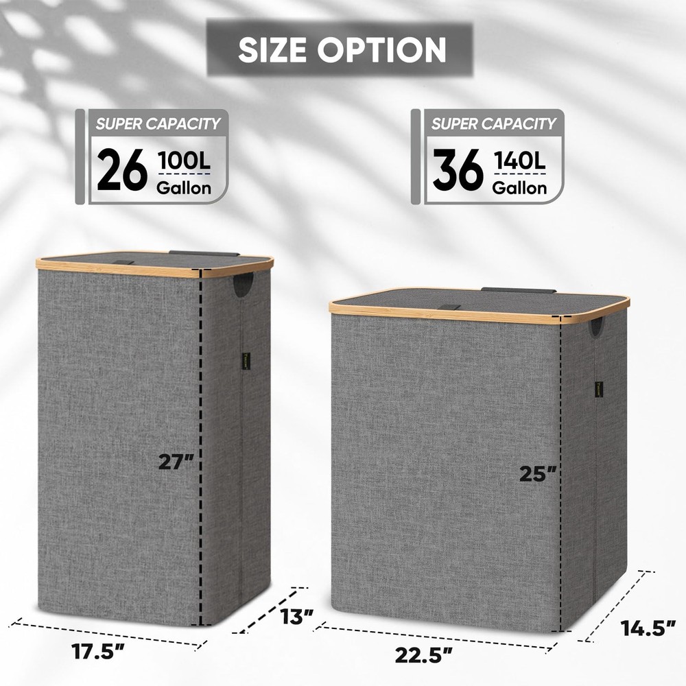 BALEINE Laundry Hamper with Lid, Tall Laundry Baskets with Bamboo Pull Handle...