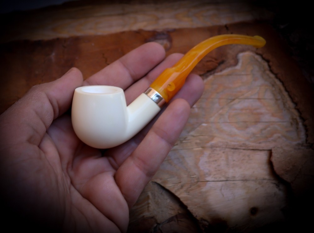 Silver Smooth Special Handmade Bent Meerschaum Pipe With Leather Box