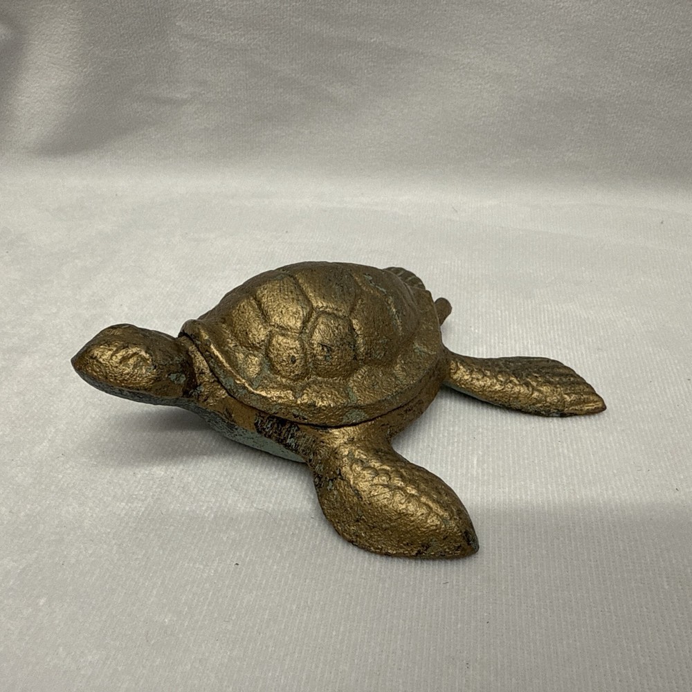 Sea Turtle Shell Keepsake Box Key Hider Figurine Verdigris Green Gold Cast Iron