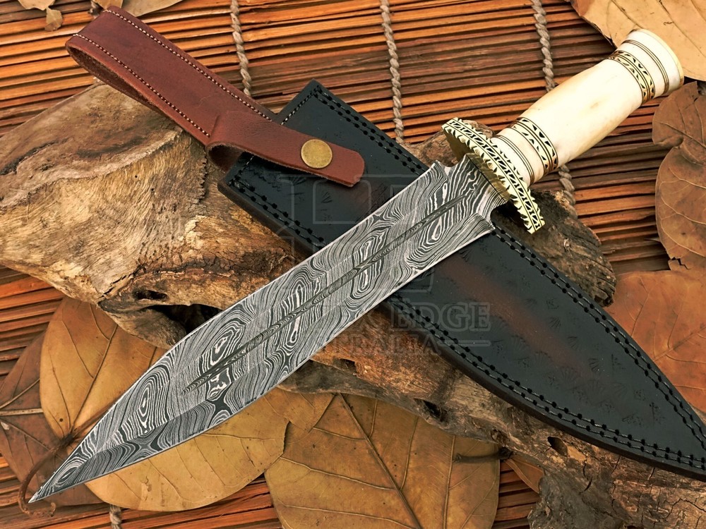 HUNTEX Handmade Damascus Blade, Camel Bone Handle, 380mm Long Exotic Boot Dagger