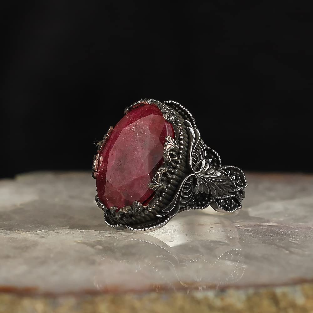 Ruby Stone Men Silver Ring, 925 Sterling Silver Ruby Gemstone Ring, Handmade