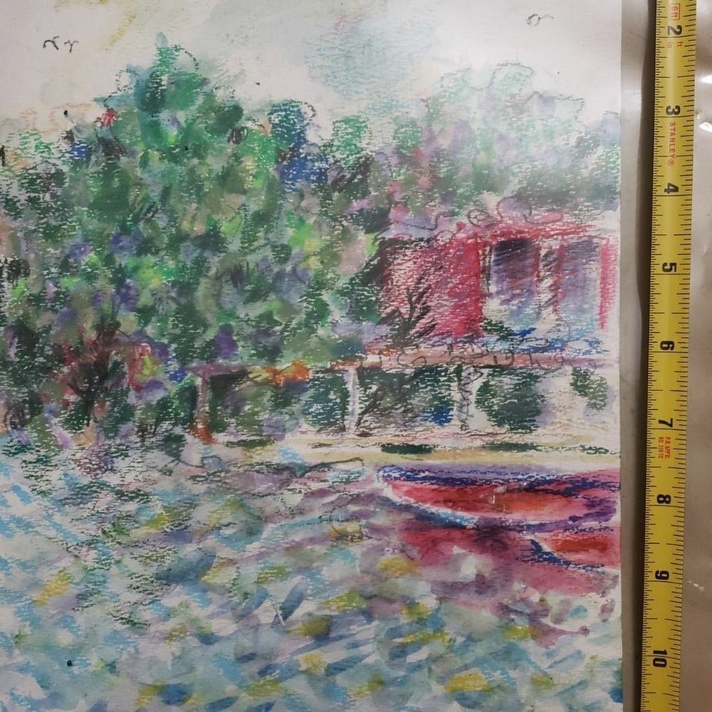 Original Hand Drawing Mixed Techniques Colorful " Red Kayak"Signed