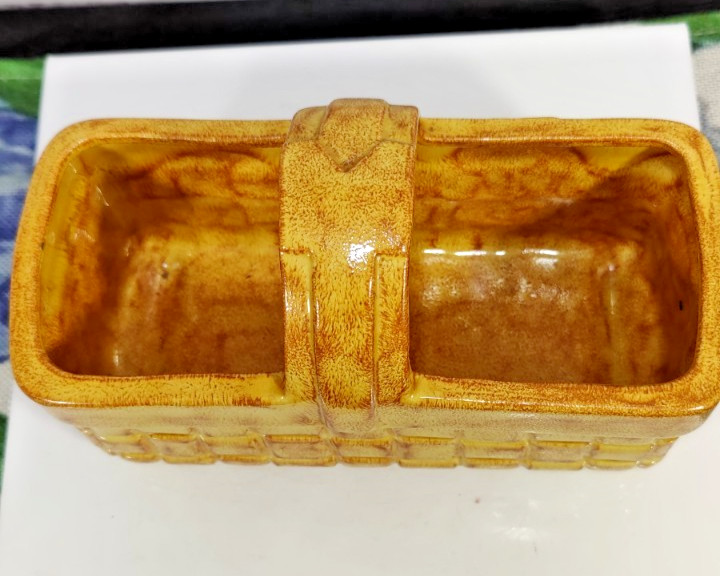 Vintage Golden Brown Painted Ceramic Rectangular Basket Shaped Planter