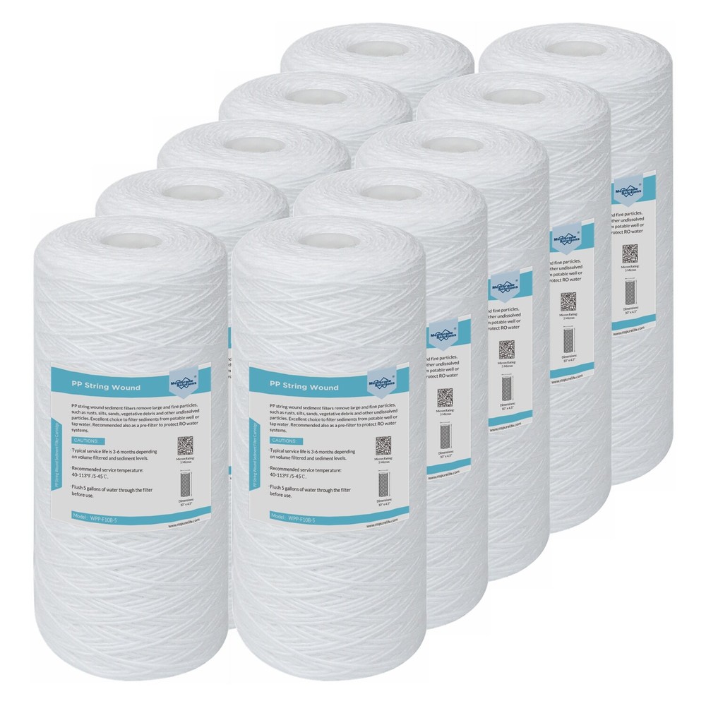 10 Pack 1/5/10 Micron 10" x 4.5" Whole House String Wound Sediment Water Filter