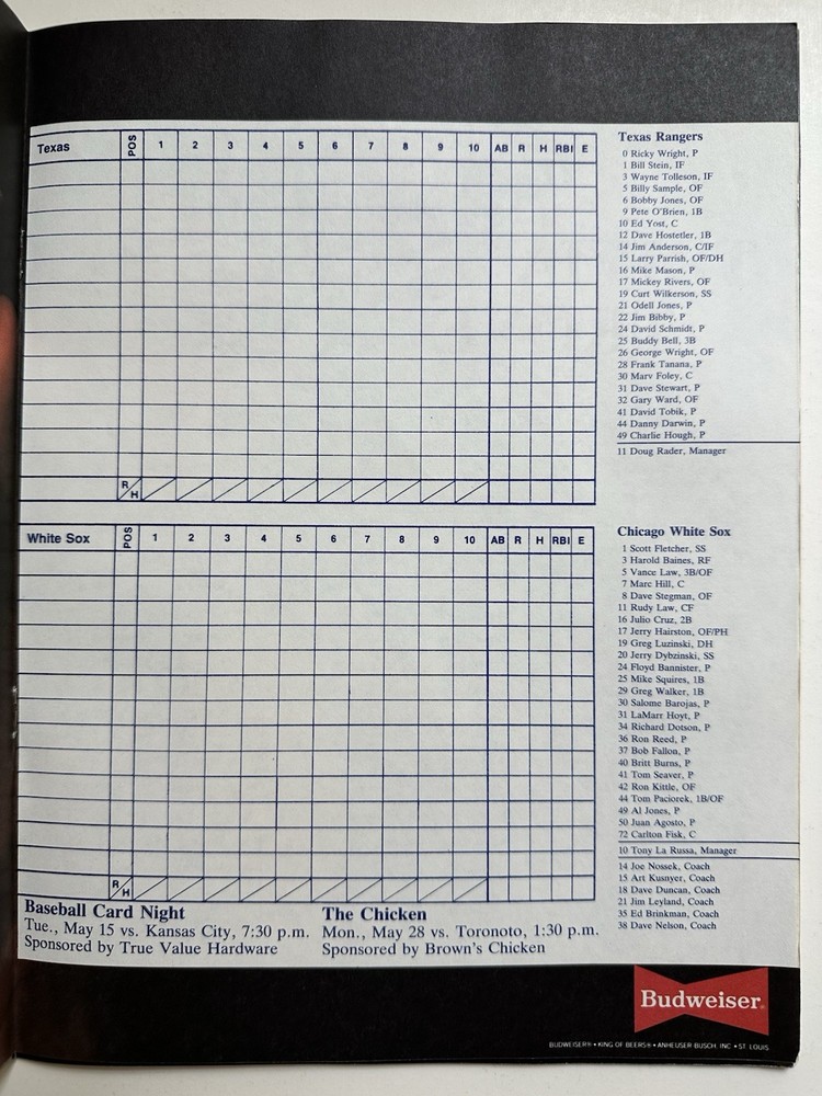 1984 Chicago White Sox vs Texas Rangers Baseball Program