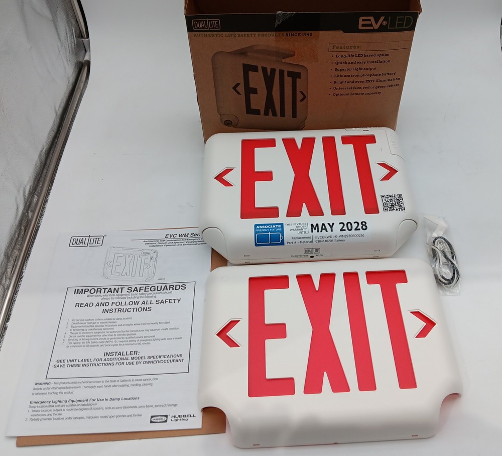 Dual-LiteExit/Emergency Light, Red Letters, White Finish
