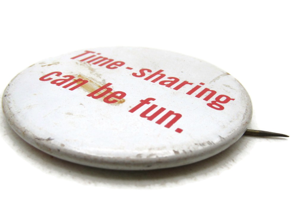 Vintage "Time-Sharing Can Be Fun" Pinback Button 70s 80s Computer Tech Slogan