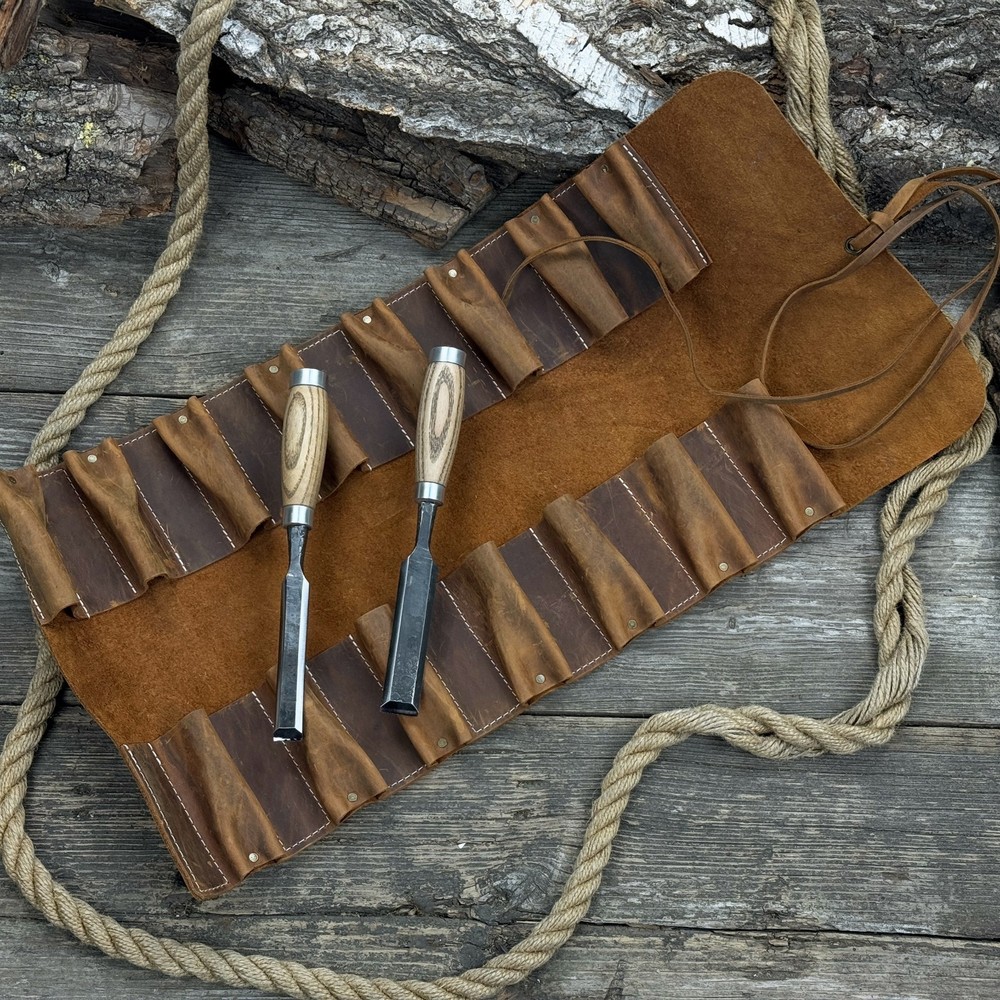 Crazy Horse Leather Chisel Tool Roll 15-Pocket Workshop Organizer
