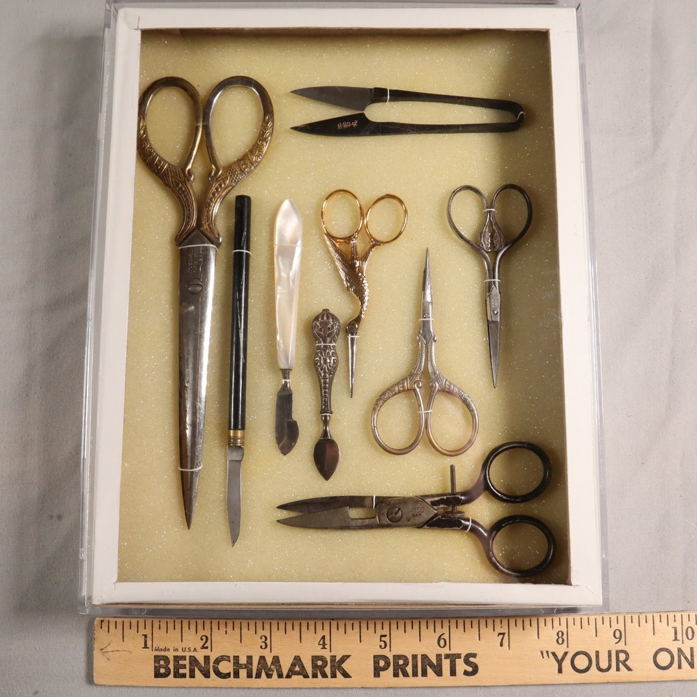 Antique Sewing Tools Scissors Quill Knives Thread Snips Display See Description