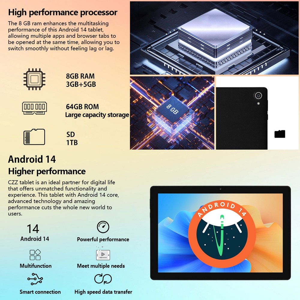 10'' Octa-Core Android14 Tablet 8GB +64GB ROM,Dual Camera Bluetooth WIFI 6