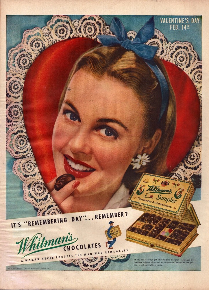 1945 Whitman's Sampler Chocolate Print Ad WWII Valentine's Day Remembering