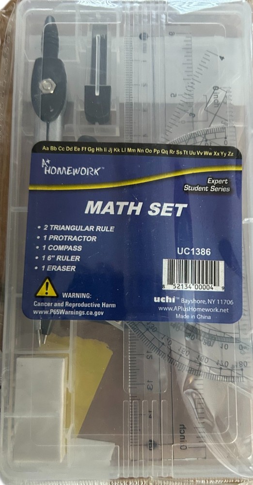 A+ Homework 8 Piece Math Set UC1386 Geometry Kit Compass Protractor Ruler
