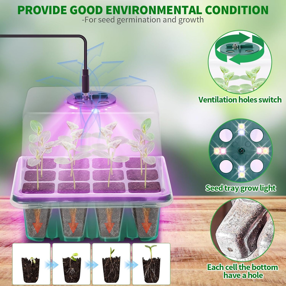 2-Pack Seed Starter Tray Kit w/ Grow Light, Humidity Dome & Timer