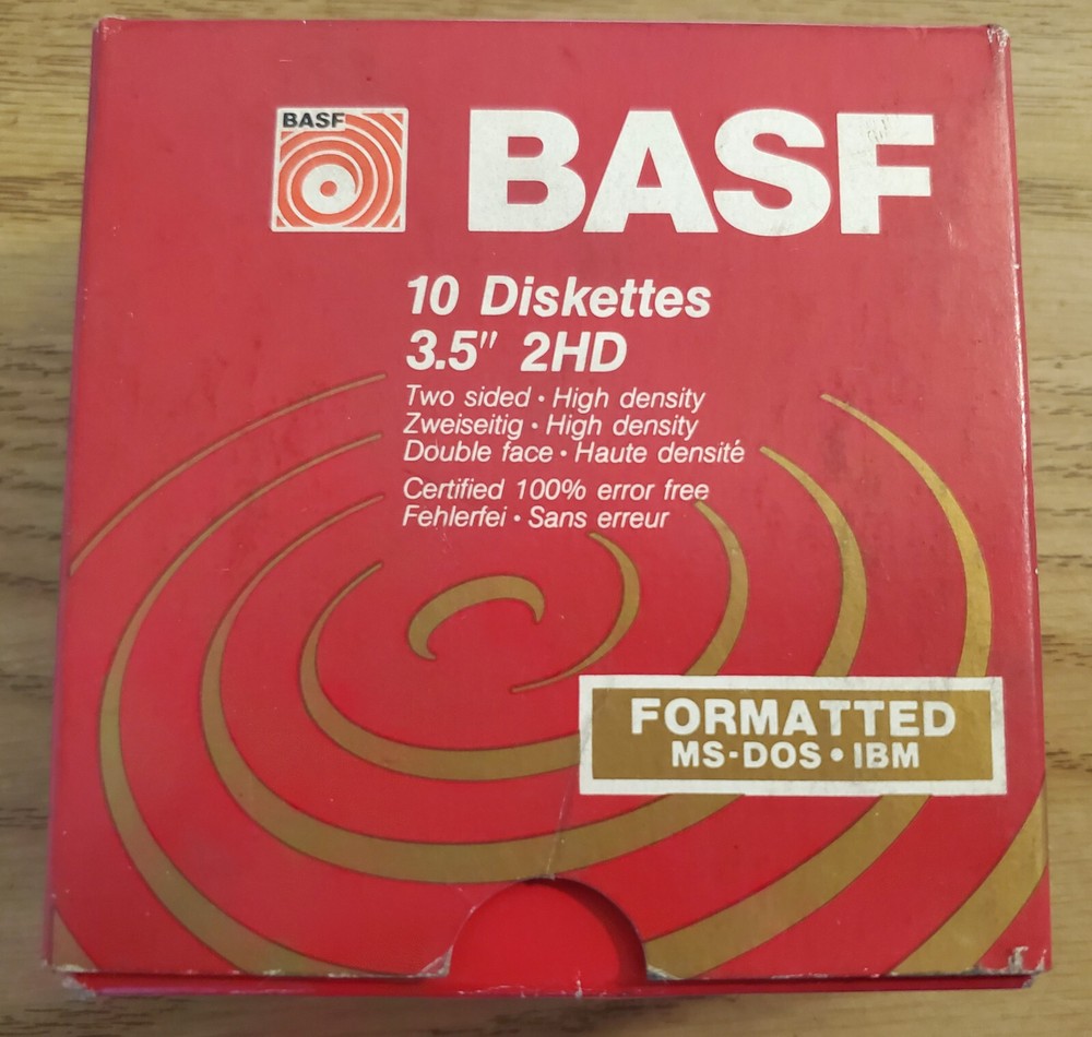 THREE (3) NEW BASF 3.5" 2HD DISKETTES WITH STORAGE BOX - FORMATTED MS-DOS -IBM