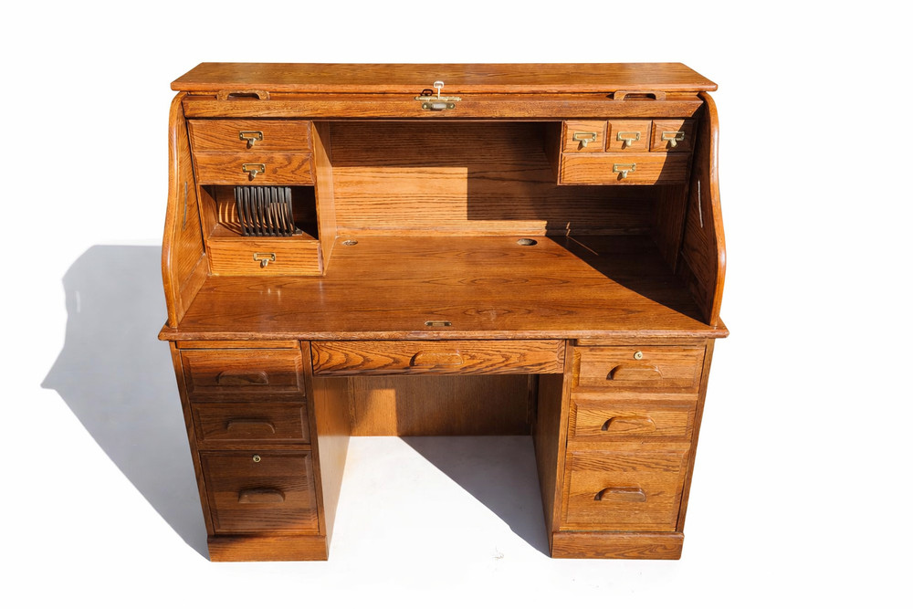 Winners Only Oak Roll Top Desk w/ Organizer Drawers & Pull-Out Slides – Solid Wo