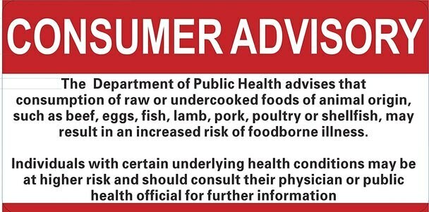 Restaurant Consumer Advisory Sign (Double Sided Tape White, Rust