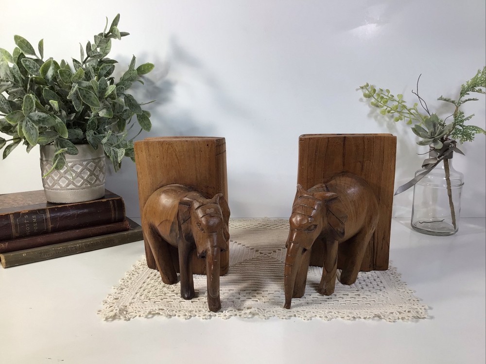 Elephant Bookends~Hand Carved Solid Wood~6” Tall~