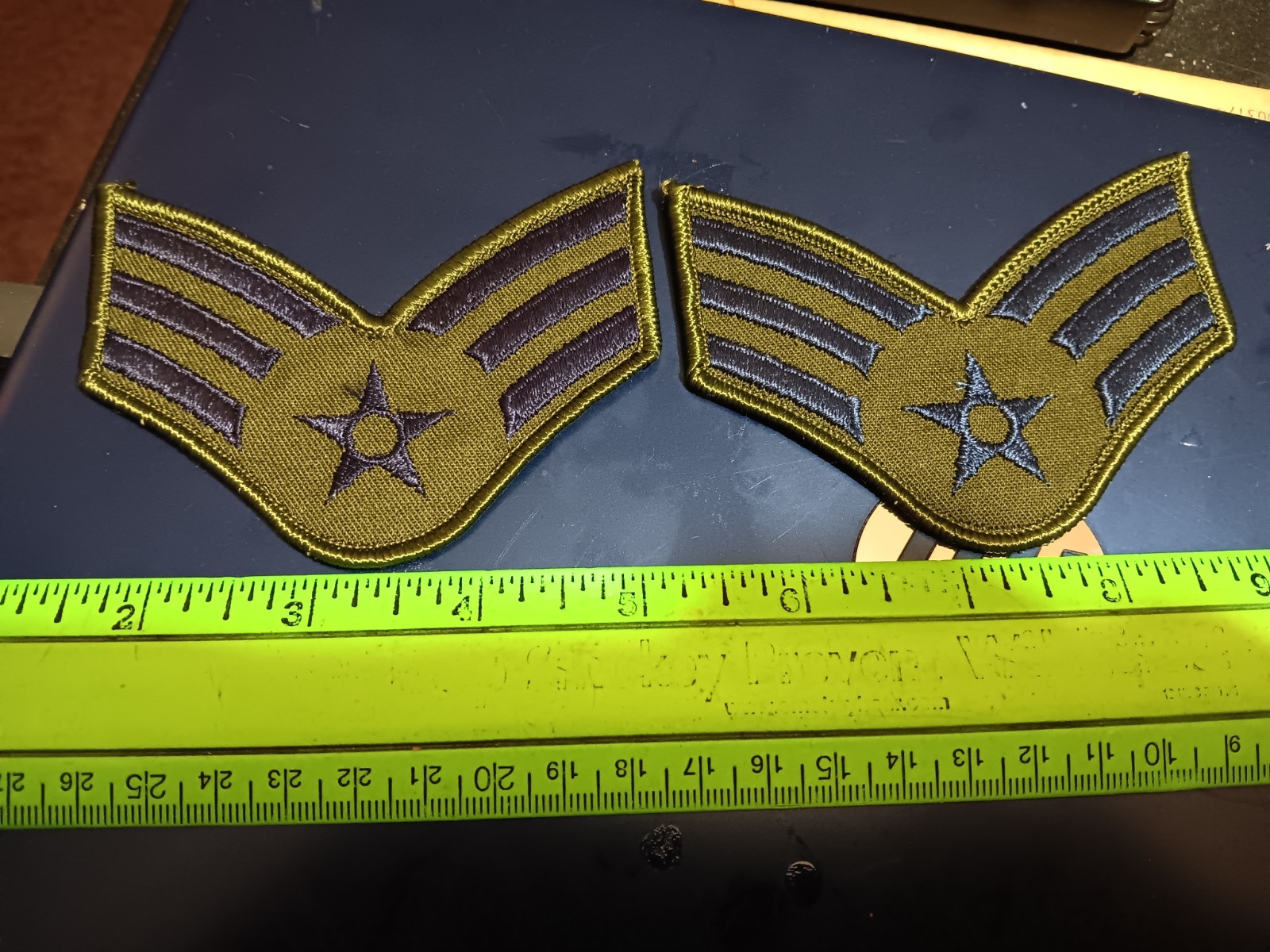 US AIR FORCE SUBDUED SENIOR AIRMAN CHEVRONS- GREEN/ BLUE 4" (21-1079)