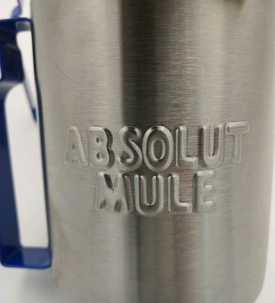 ABSOLUT Vodka Silver Tin Cup Embossed with Absolute Mule Blue Metal Handle