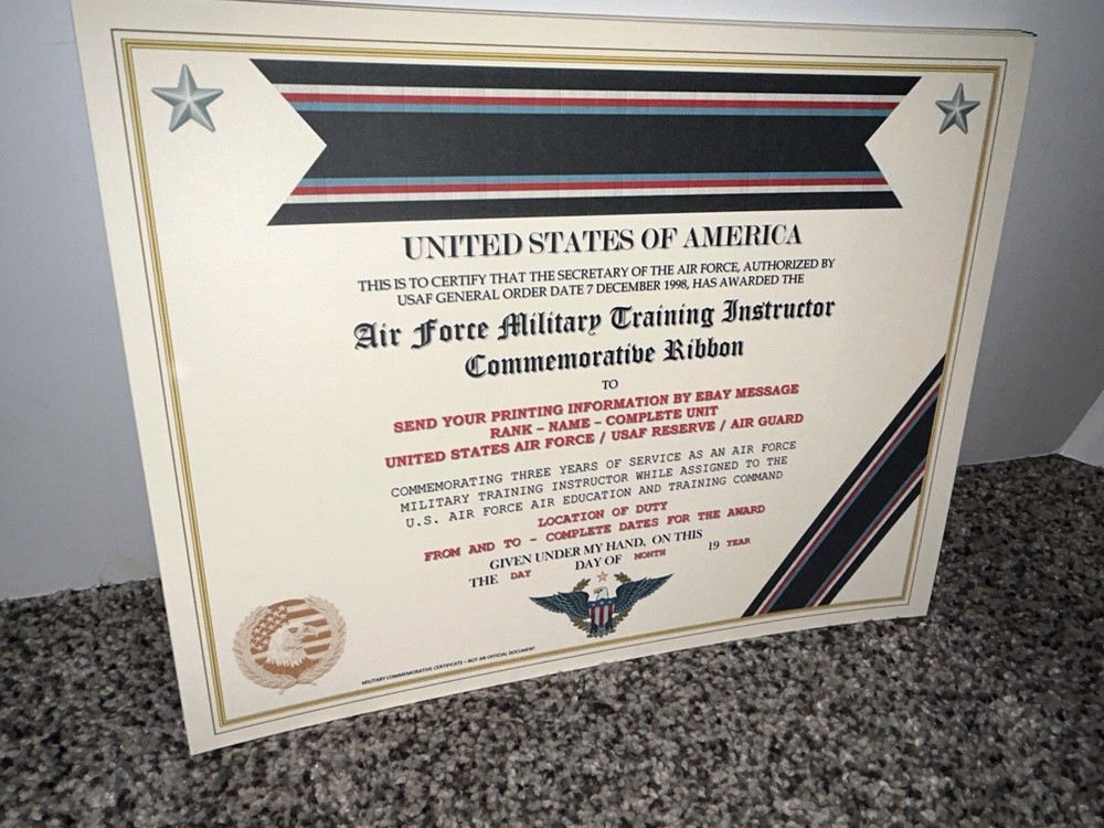 U.S. AIR FORCE TRAINING INSTRUCTOR COMMEMORATIVE CERTIFICATE ~ W/PRINTING TYPE-1