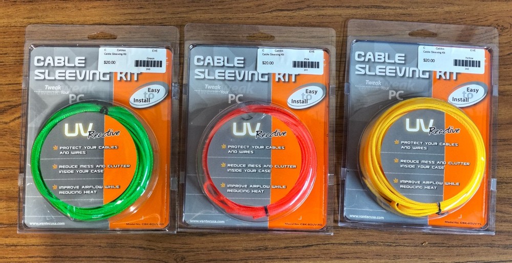 3pc Vantec UV Reactive PC Cable Sleeving Kit - Red/Green/Yellow