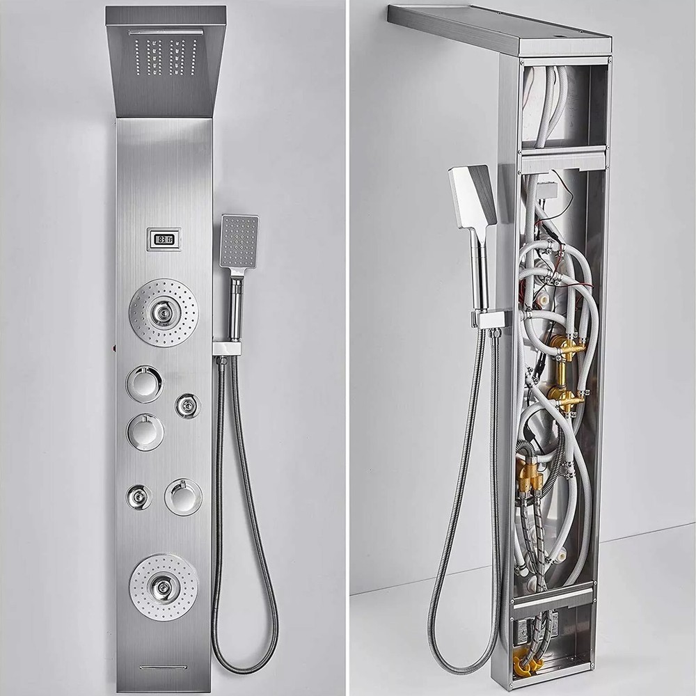 Brushed Shower Panel Tower System LED Rain Waterfall Head Combo Body Massage Jet