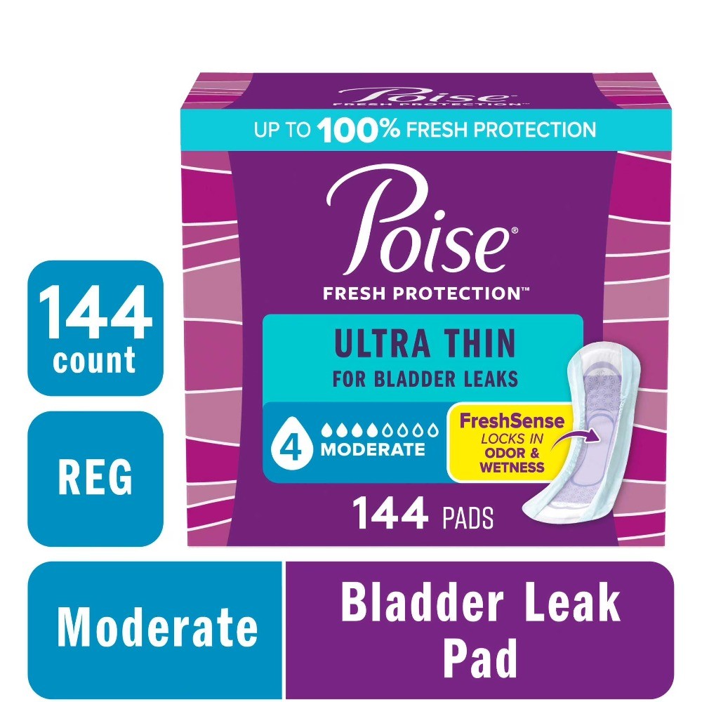 Thin Incontinence Pads, 4 Drop Moderate Absorbency, Regular Length, 144 Count