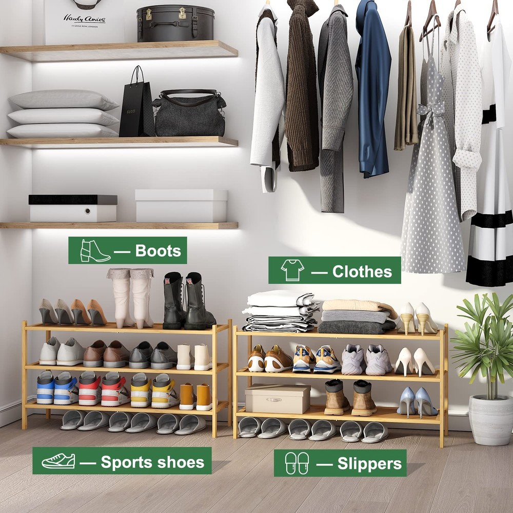 Long Shoe Rack, Wood 3-Tier Shoe Rack for Entryway, Stackable | Foldable | Na...