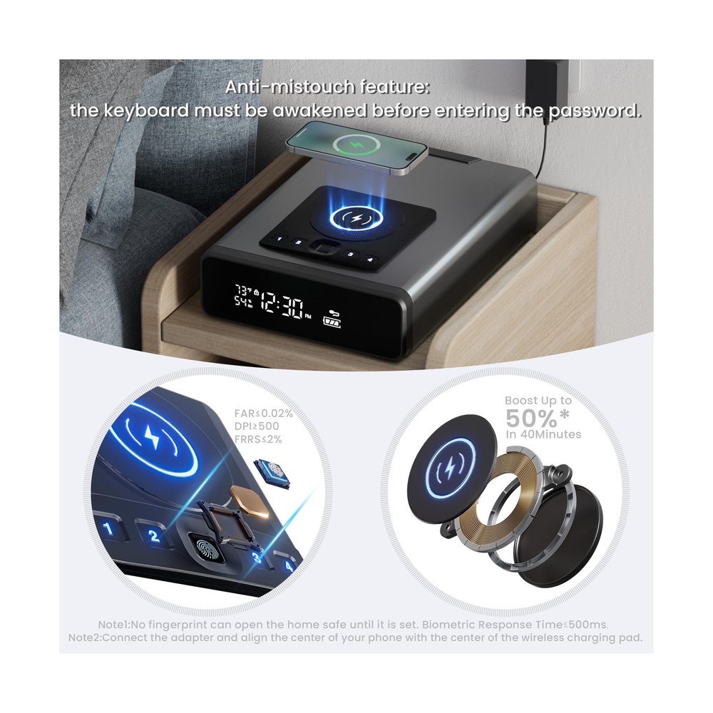 Mboko Biometric Discreet Gun Safe with 12-Hour Time Clock Display, Wireless C...
