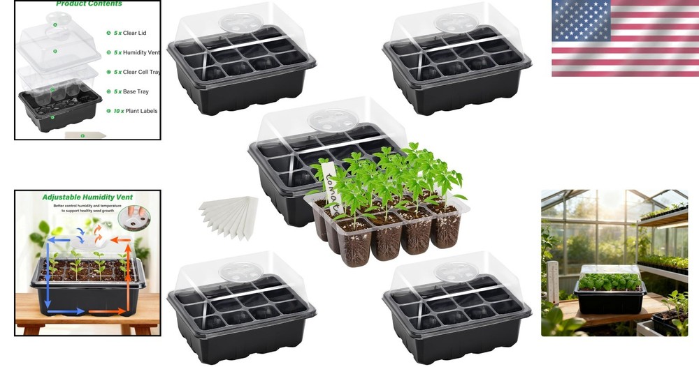 Versatile 5-Pack Seedling Trays with Adjustable Vents & Labeling for Seed Growth