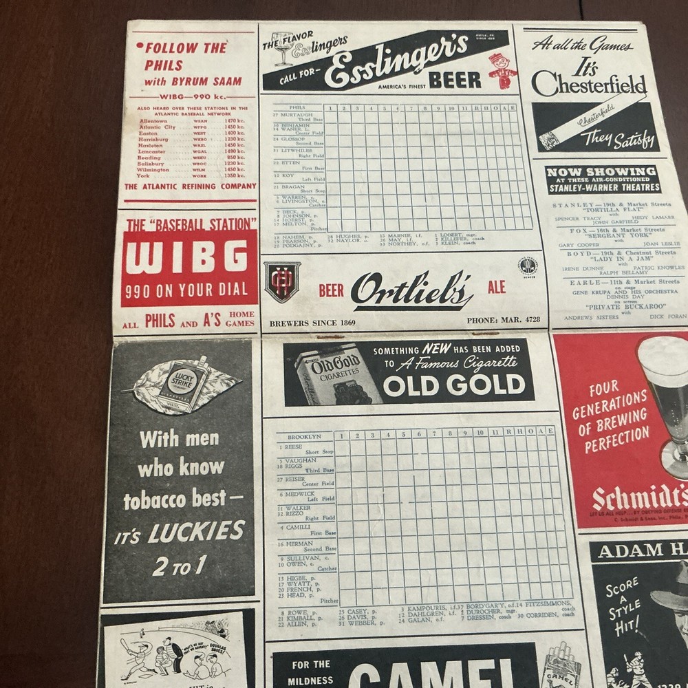 Phillies Vs. Brooklyn Dodgers 1942 Official Program Unscored